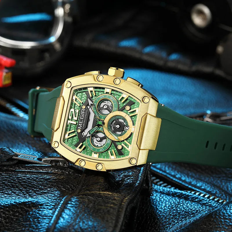 Wine Barrel men's multi-function sports watch with gold case and black strap, 44mm dial