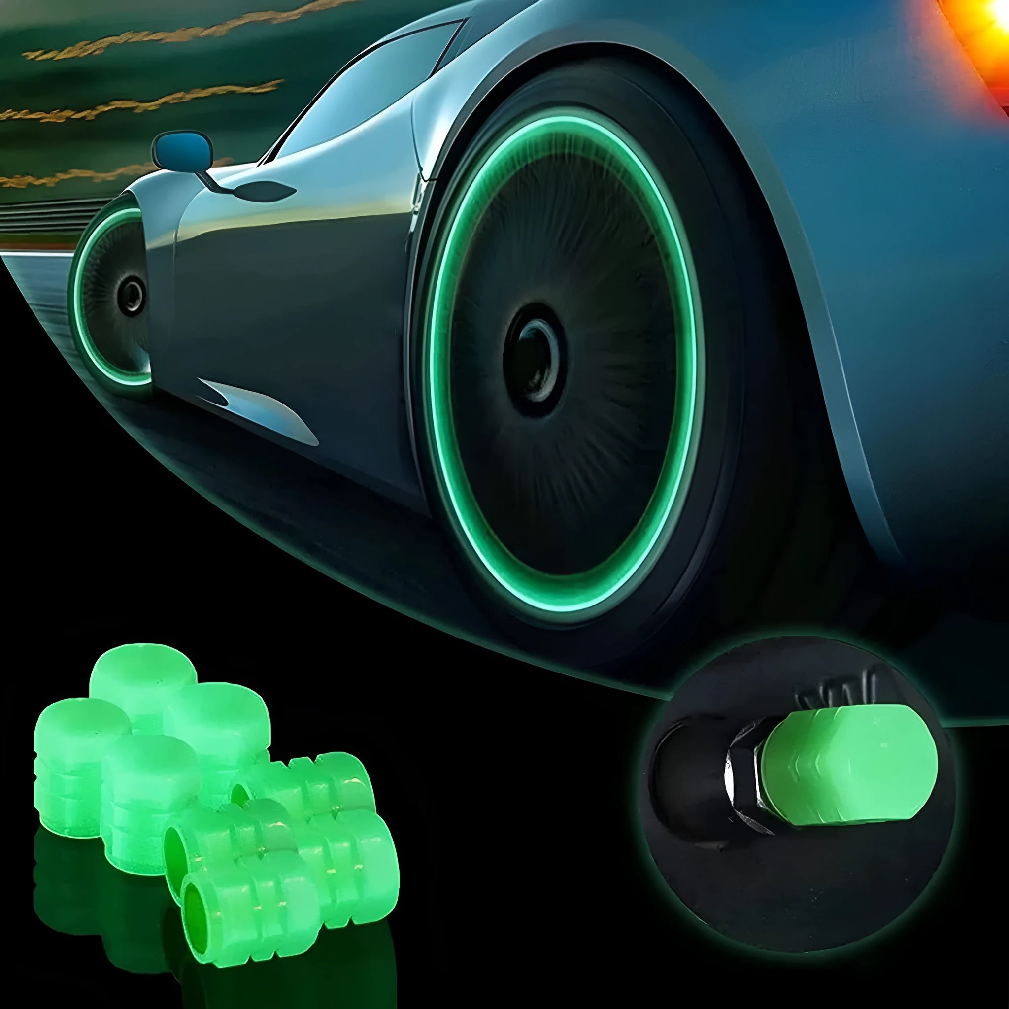 Luminous rubber split tyre valve caps in light green, blue, red, yellow, and pink colours.