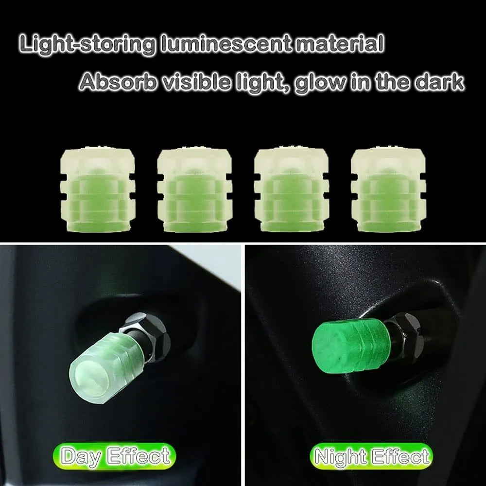 Luminous rubber split tyre valve caps in light green, blue, red, yellow, and pink colours.