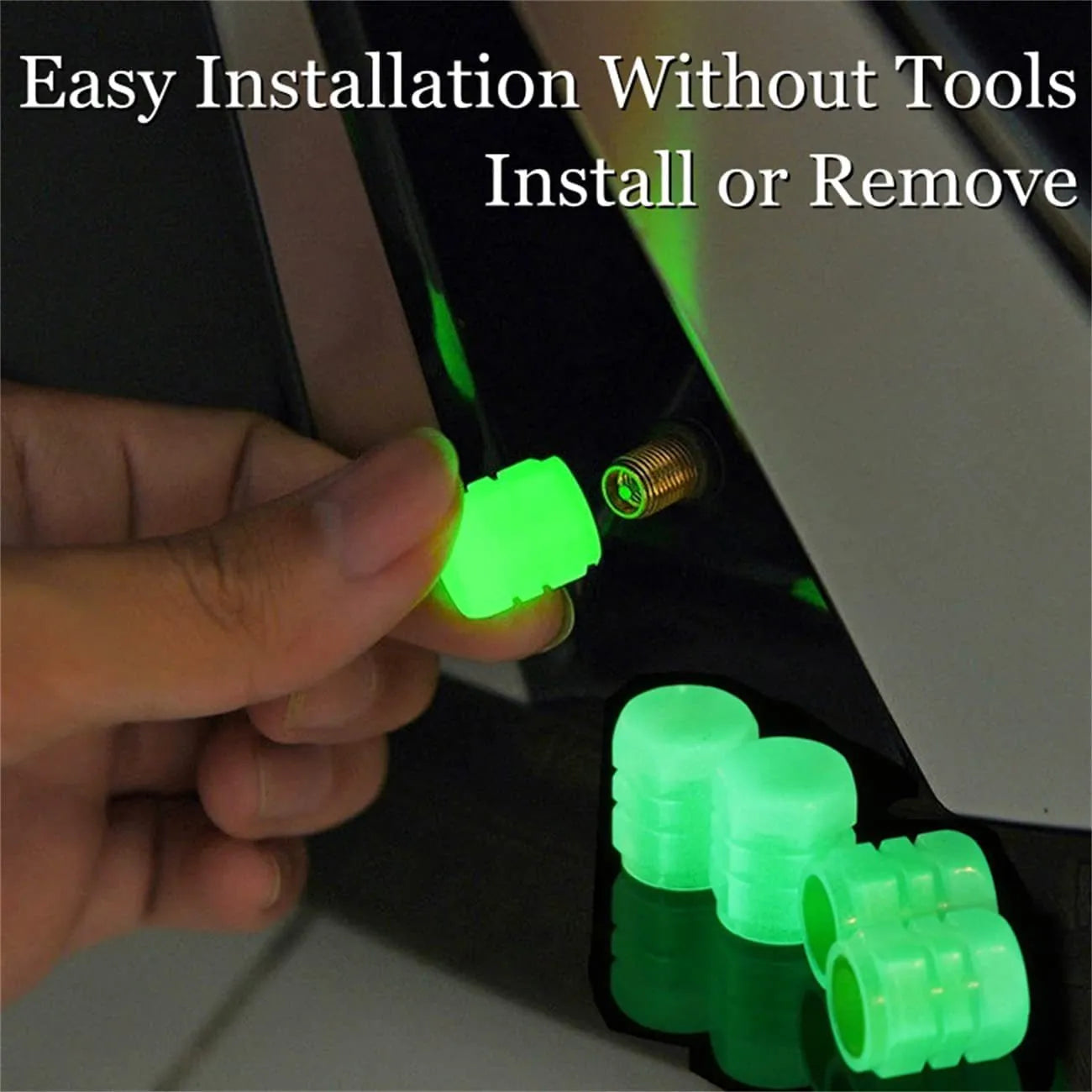 Luminous rubber split tyre valve caps in light green, blue, red, yellow, and pink colours.