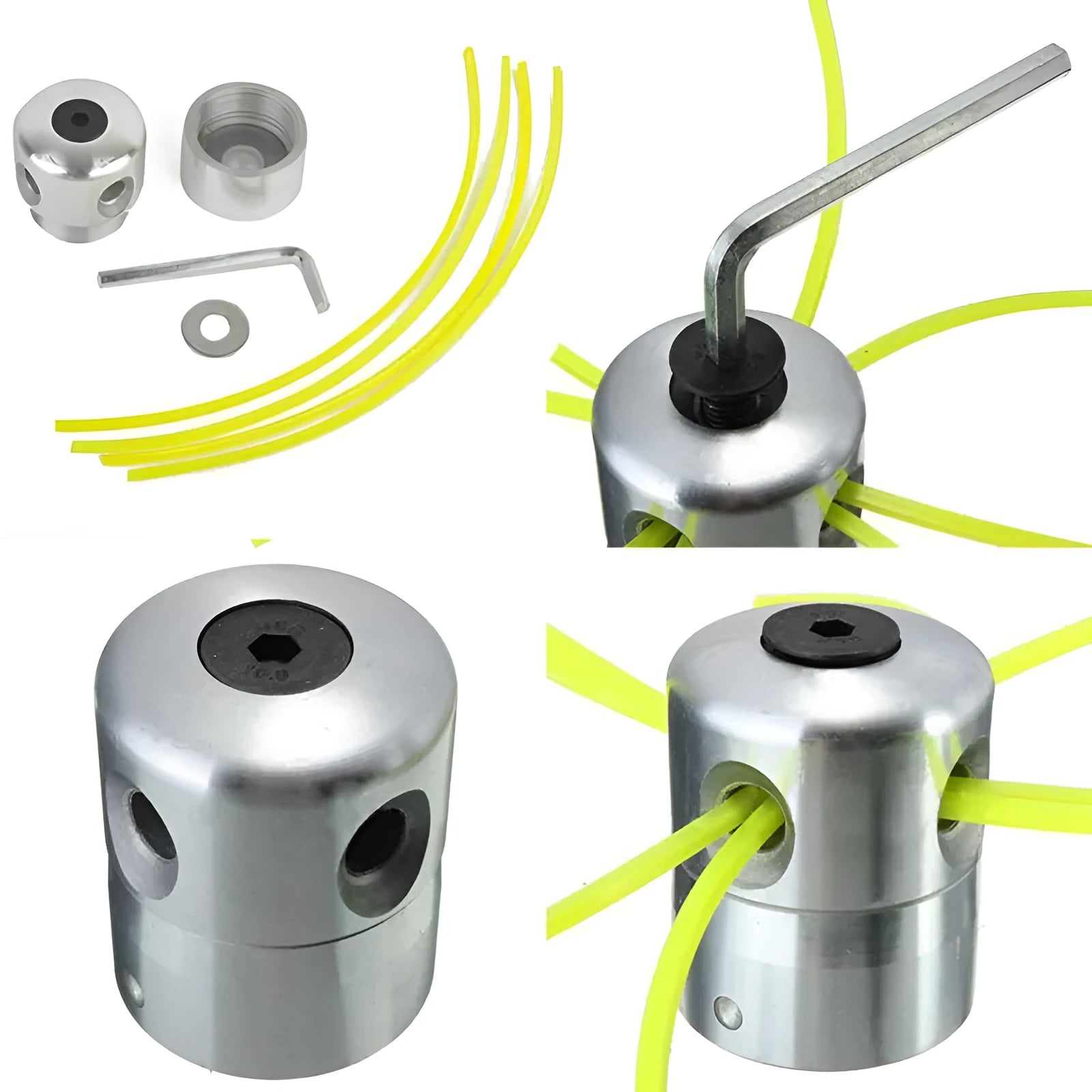 Silver aluminium lawn mower trimmer head replacement kit with four light yellow grass strings and fitting wrench