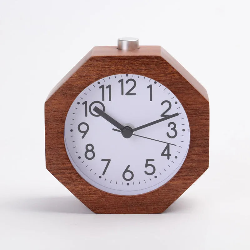 Polygonal beech wood alarm clock with luminous dial, available in brown white and gray white