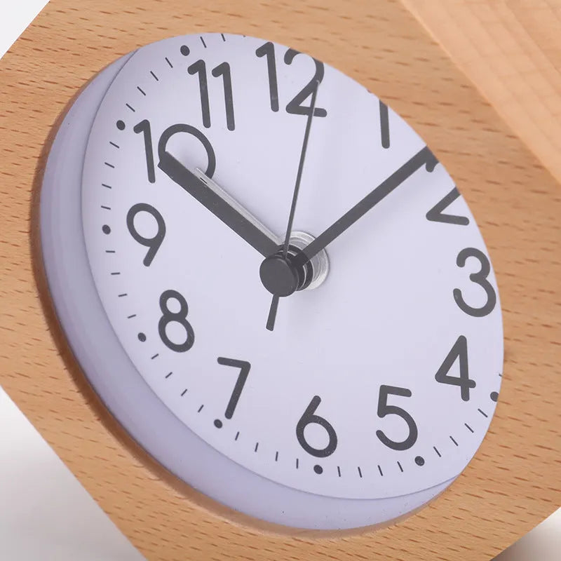 Polygonal beech wood alarm clock with luminous dial, available in brown white and gray white