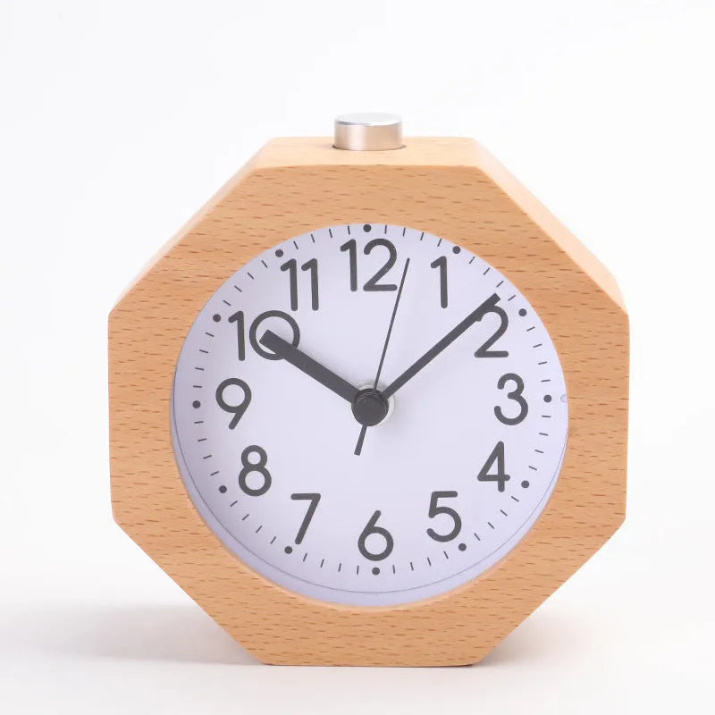 Polygonal beech wood alarm clock with luminous dial, available in brown white and gray white