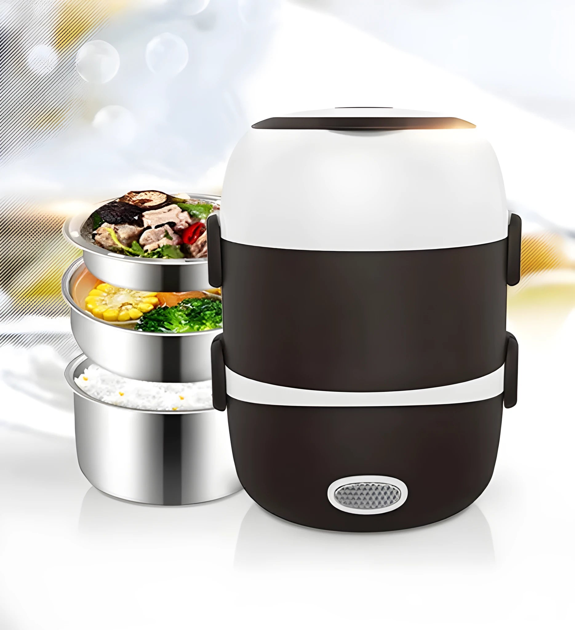 Black electric heating lunch box with USB power connector and stacking container design