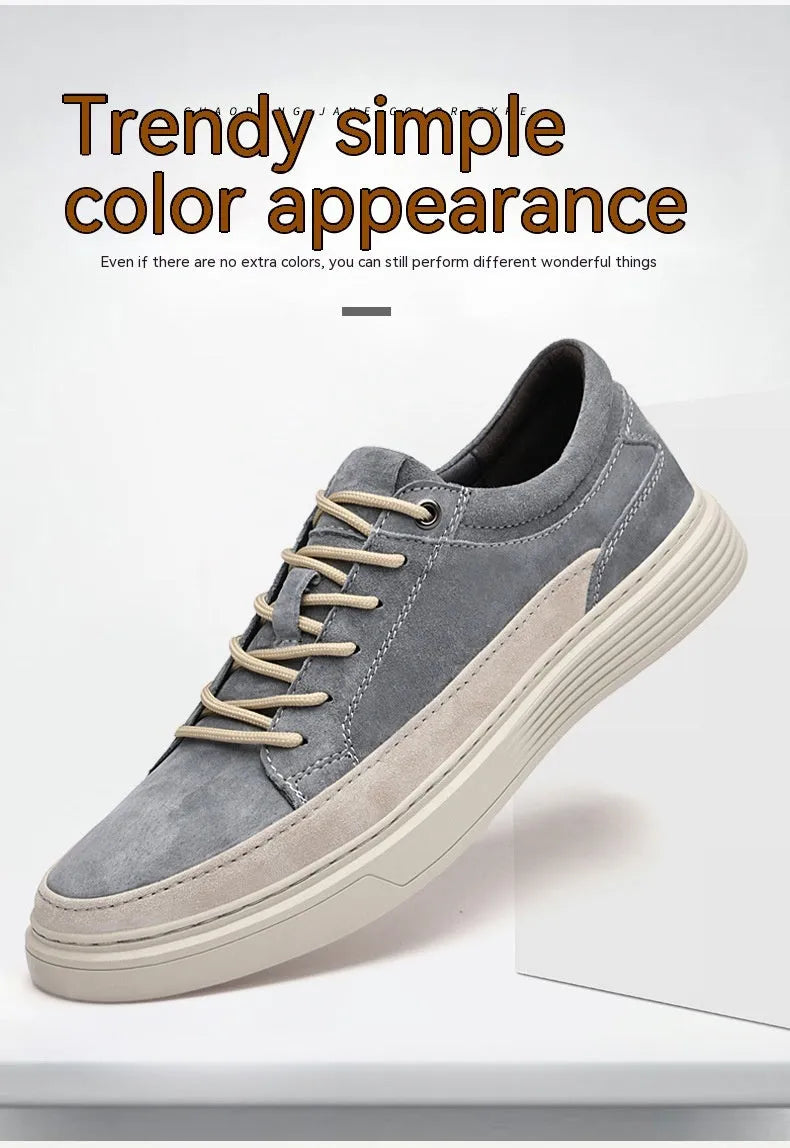 Men's grey low-top casual skate shoes with a pigskin leather upper and rubber sole.