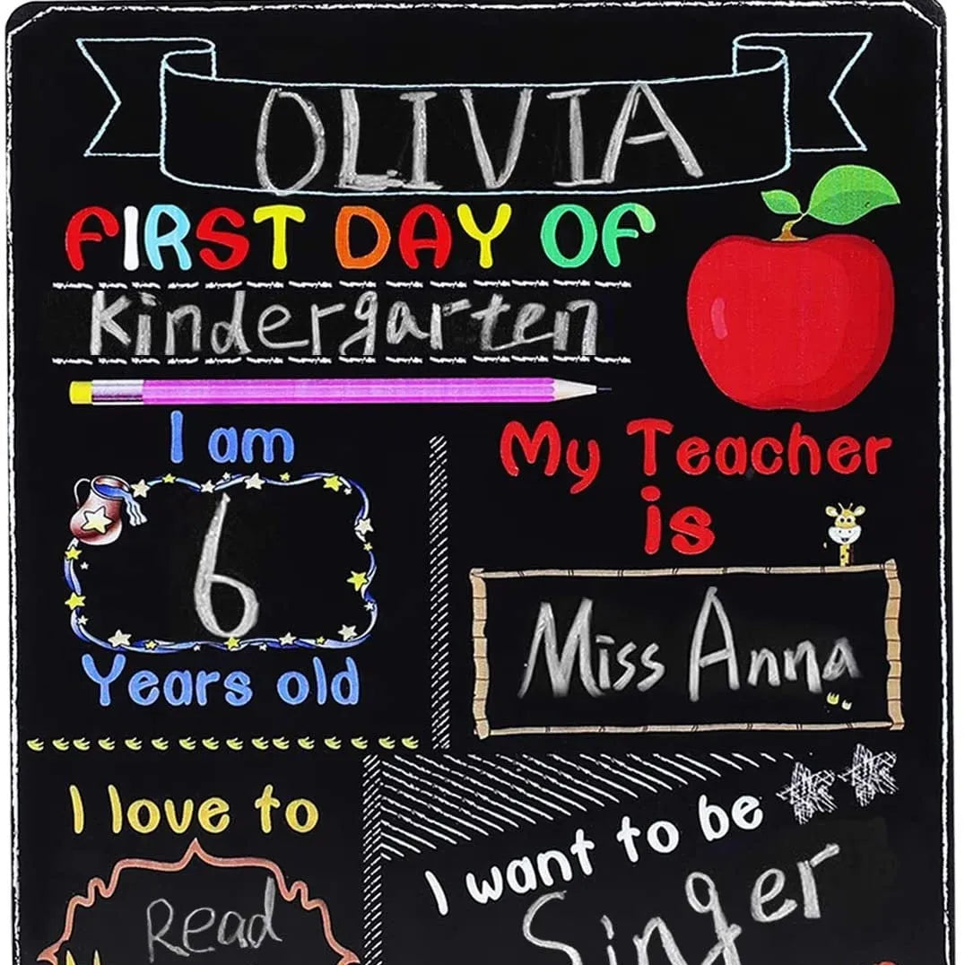 Wooden first day of school blackboard sign with modern design showing dimensions
