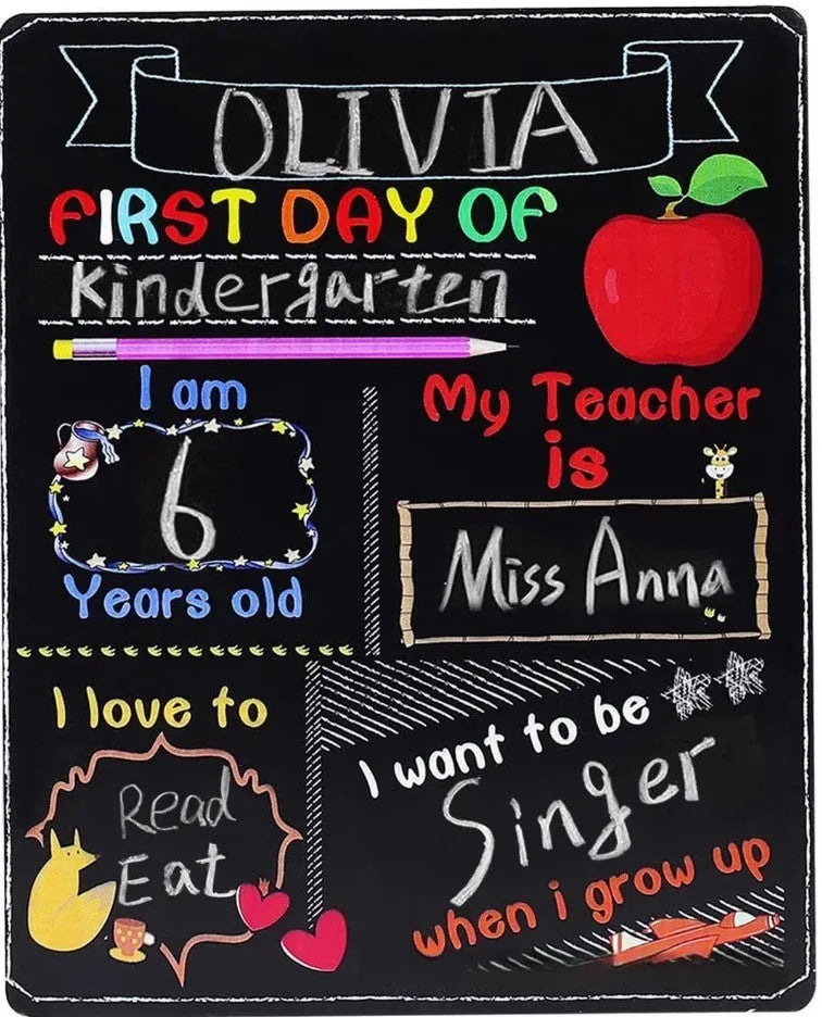 Wooden first day of school blackboard sign with modern design showing dimensions