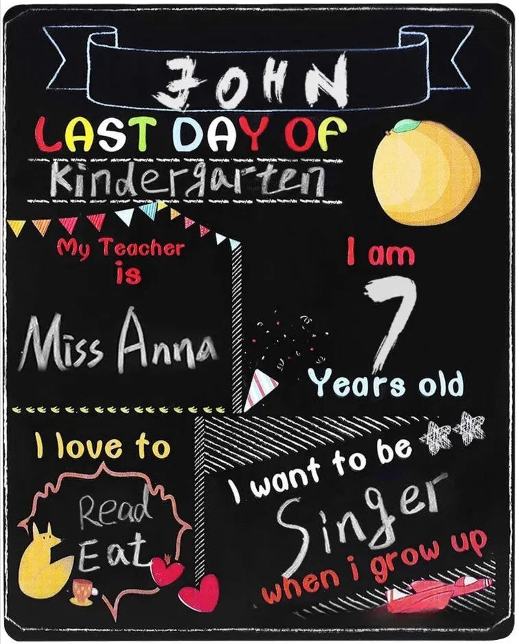 Wooden first day of school blackboard sign with modern design showing dimensions