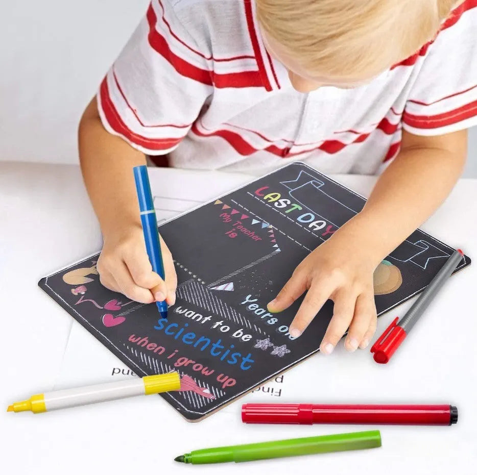 Wooden first day of school blackboard sign with modern design showing dimensions