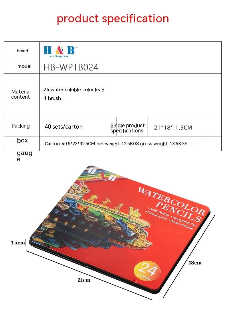 Metal tin box open to show 24 wooden water-soluble coloured pencils in assorted colours.