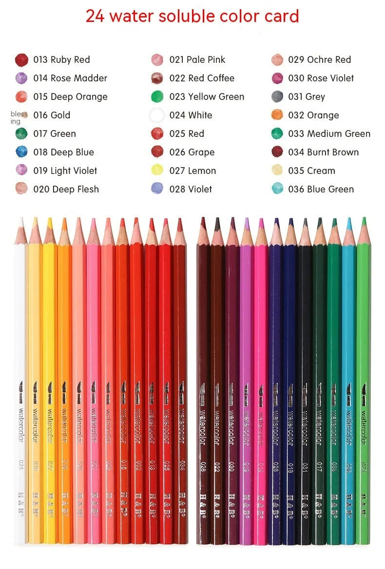 Metal tin box open to show 24 wooden water-soluble coloured pencils in assorted colours.
