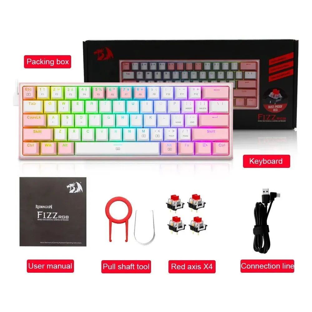 K617 RGB backlit mechanical keyboard with dual-colour keycaps in white and pink.