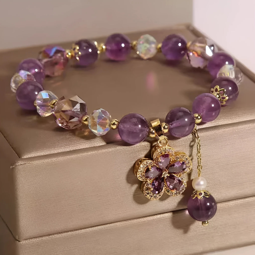 Natural amethyst fox pendant bracelet with five-leaf flower and nine-tailed fox charm, antique style, on a neutral background