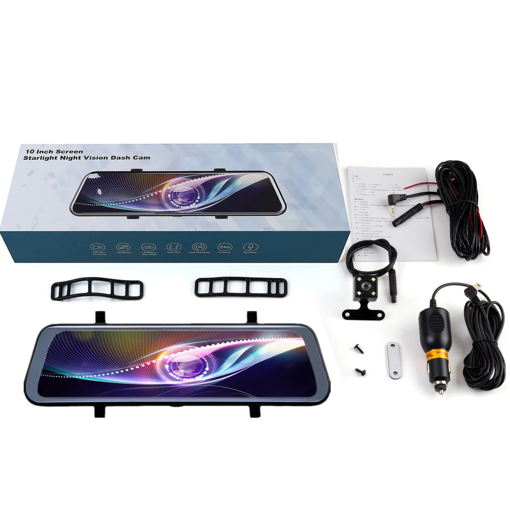 10-inch full screen touch driving recorder rearview mirror in black with 170 degree wide angle lens