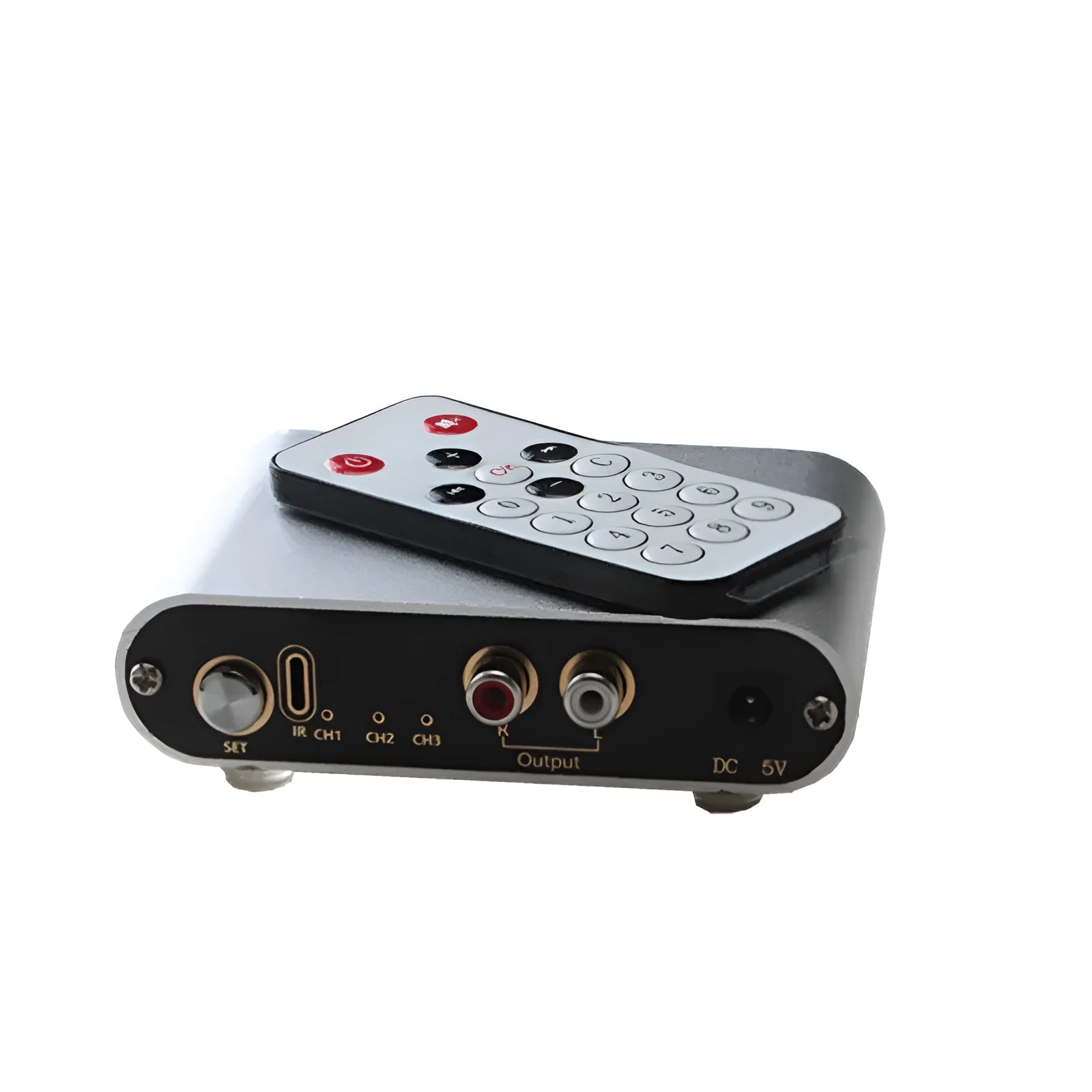 Silver audio source switch with infrared remote control, aluminium alloy shell, front panel buttons and indicator lights, US model
