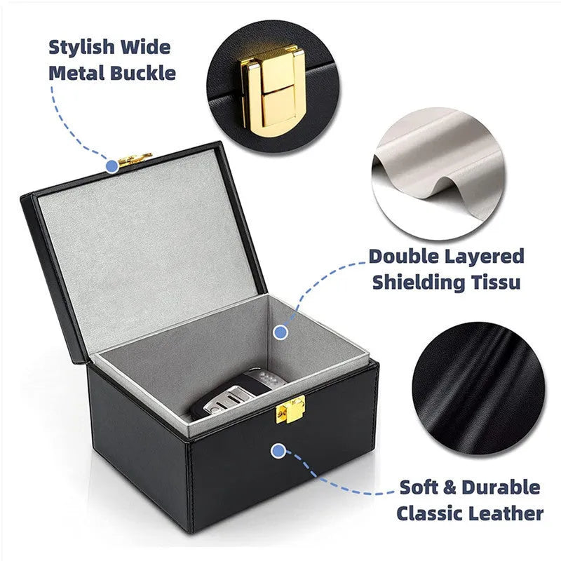 Carbon fibre anti-theft swiping box set with 2 key cases, PU exterior, nano shielding lining, black colour