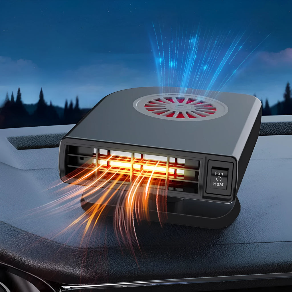 Black compact vehicle-mounted defroster and heater with 360-degree rotation on car dashboard.