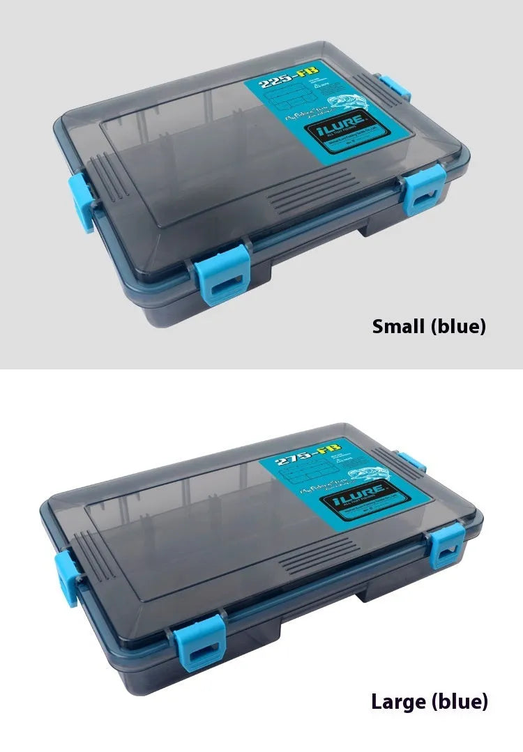 Multifunctional waterproof fishing lure box in blue, PP material, 225x180x50mm size