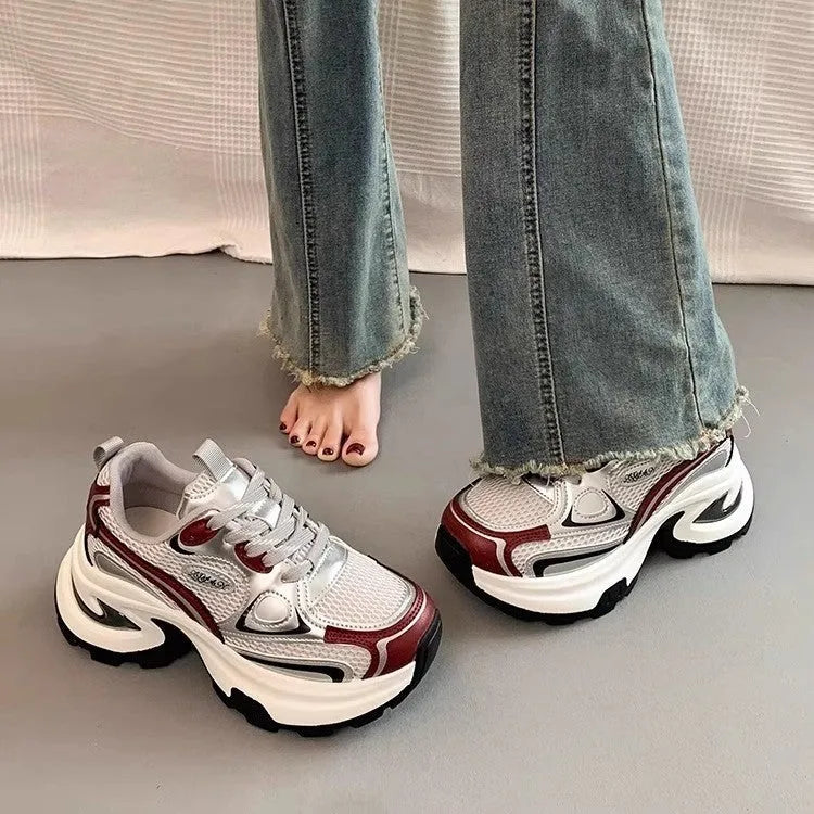 Women's mesh breathable clunky platform sneakers in silver with low-top lace-up design and non-slip rubber sole