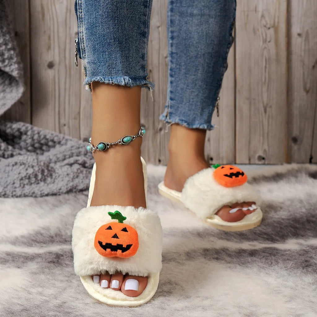 White and yellow Halloween pumpkin plush slippers with open toe and synthetic fur upper