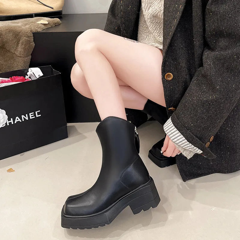 Women's platform Martin boots with square toe and 6-8CM heel in black or brown colours