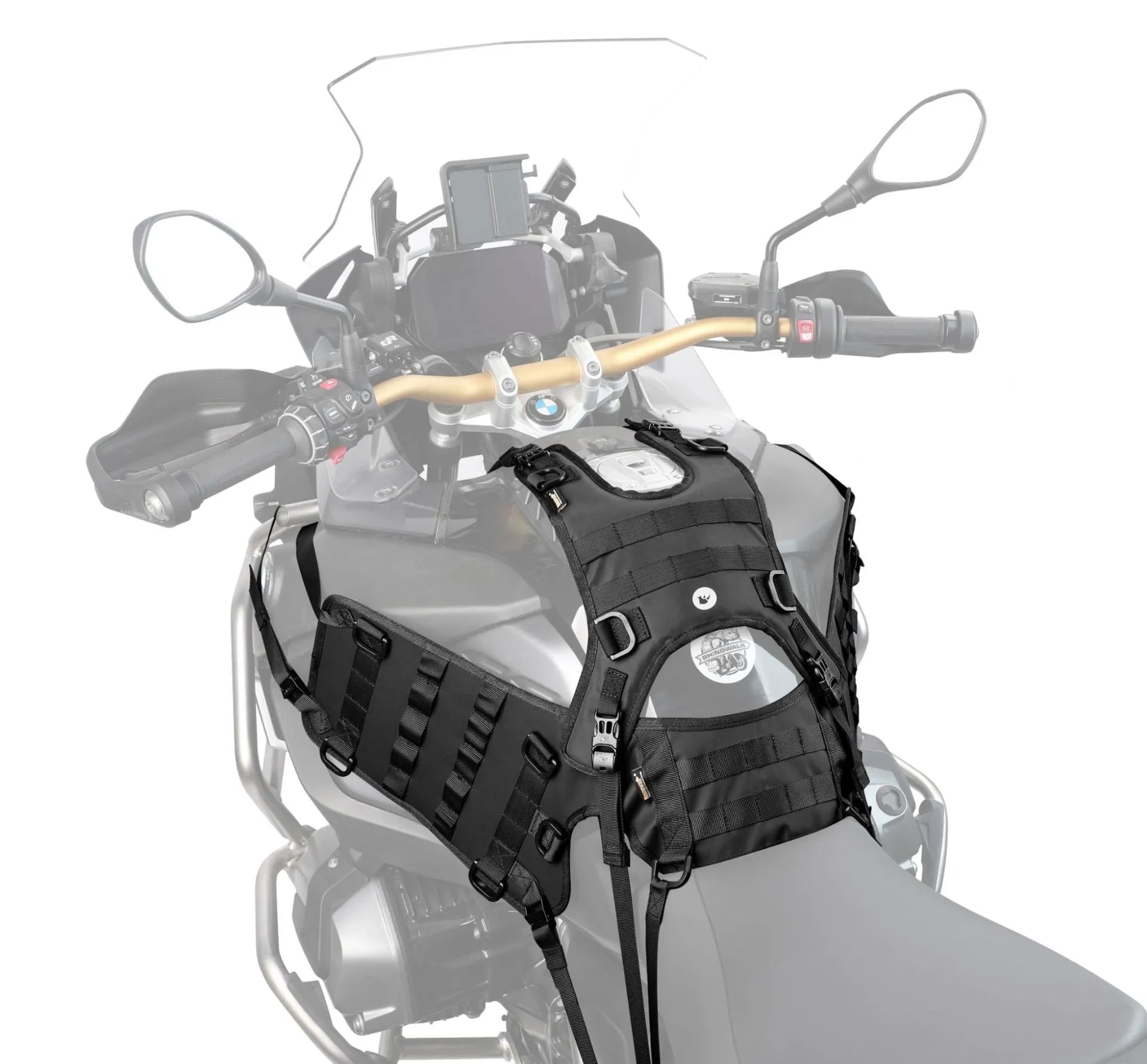 Black polyester motorcycle fuel tank mount base saddle measuring 100x40cm with expanded 100x41cm size