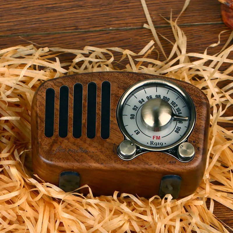 Compact retro wooden wireless Bluetooth speaker in cherry or walnut finish with SD card slot