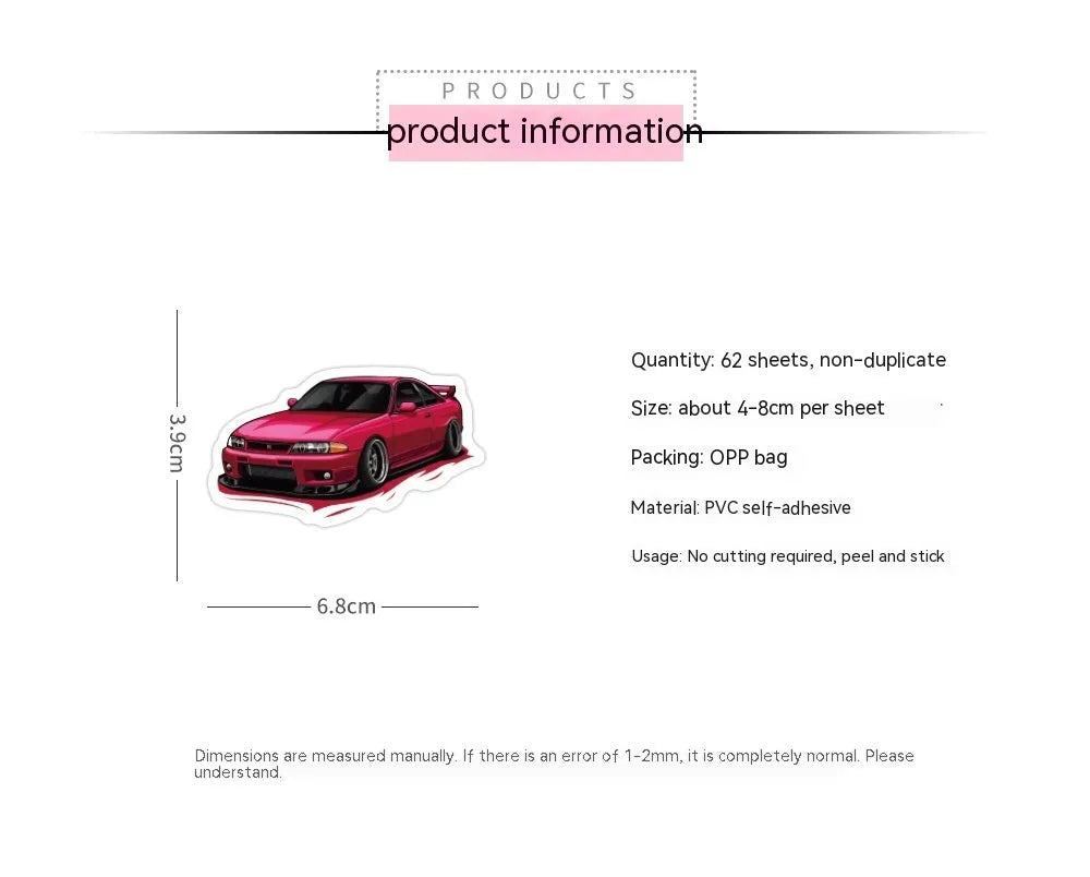 60 multicolour sports car graffiti stickers 5-7cm on a white background