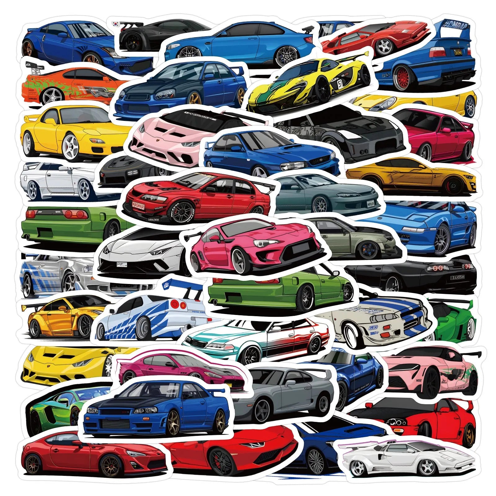 60 multicolour sports car graffiti stickers 5-7cm on a white background