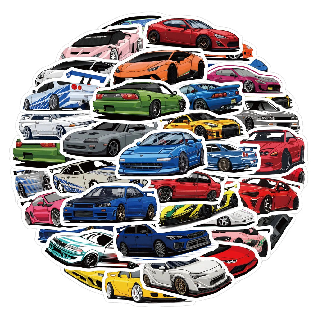 60 multicolour sports car graffiti stickers 5-7cm on a white background