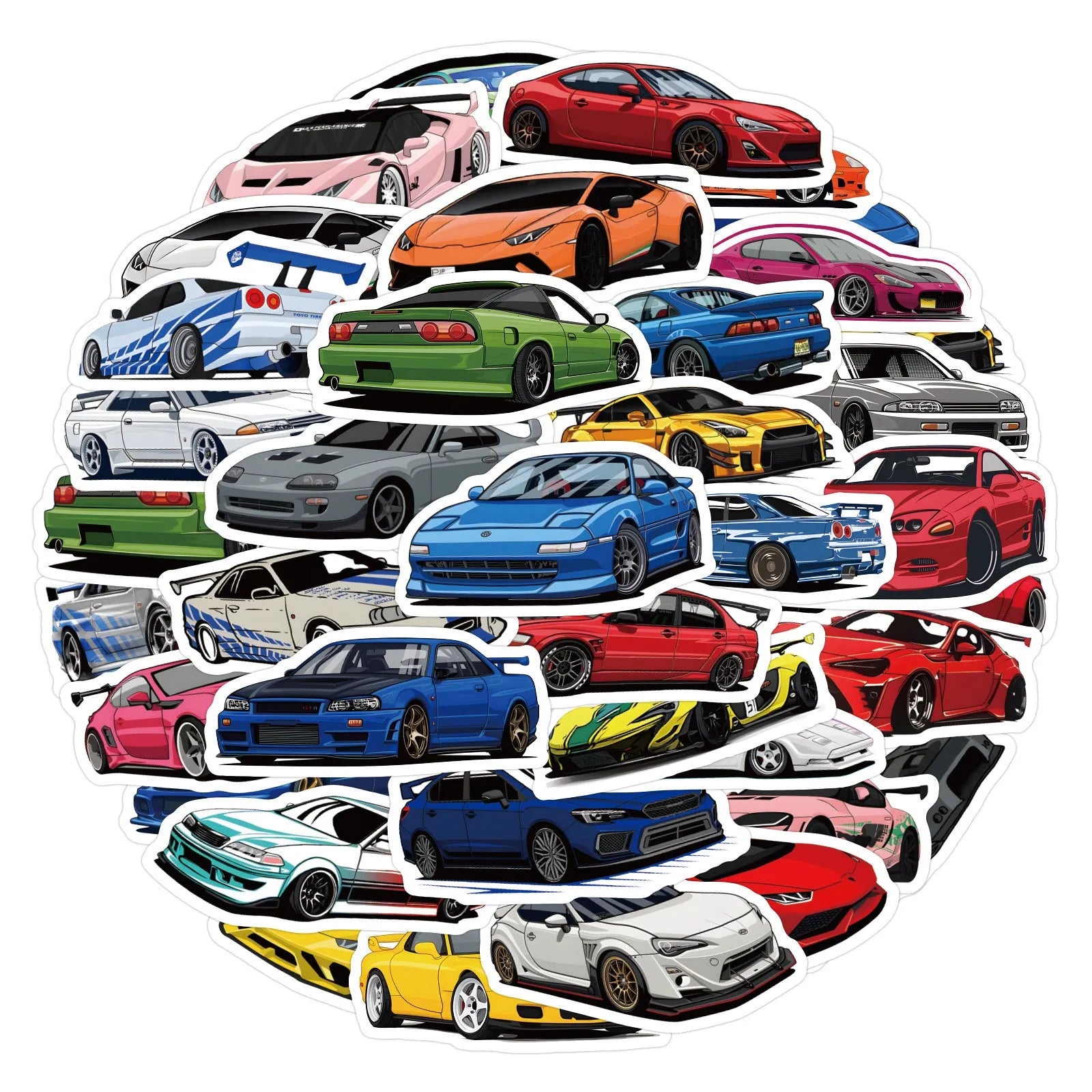 60 multicolour sports car graffiti stickers 5-7cm on a white background