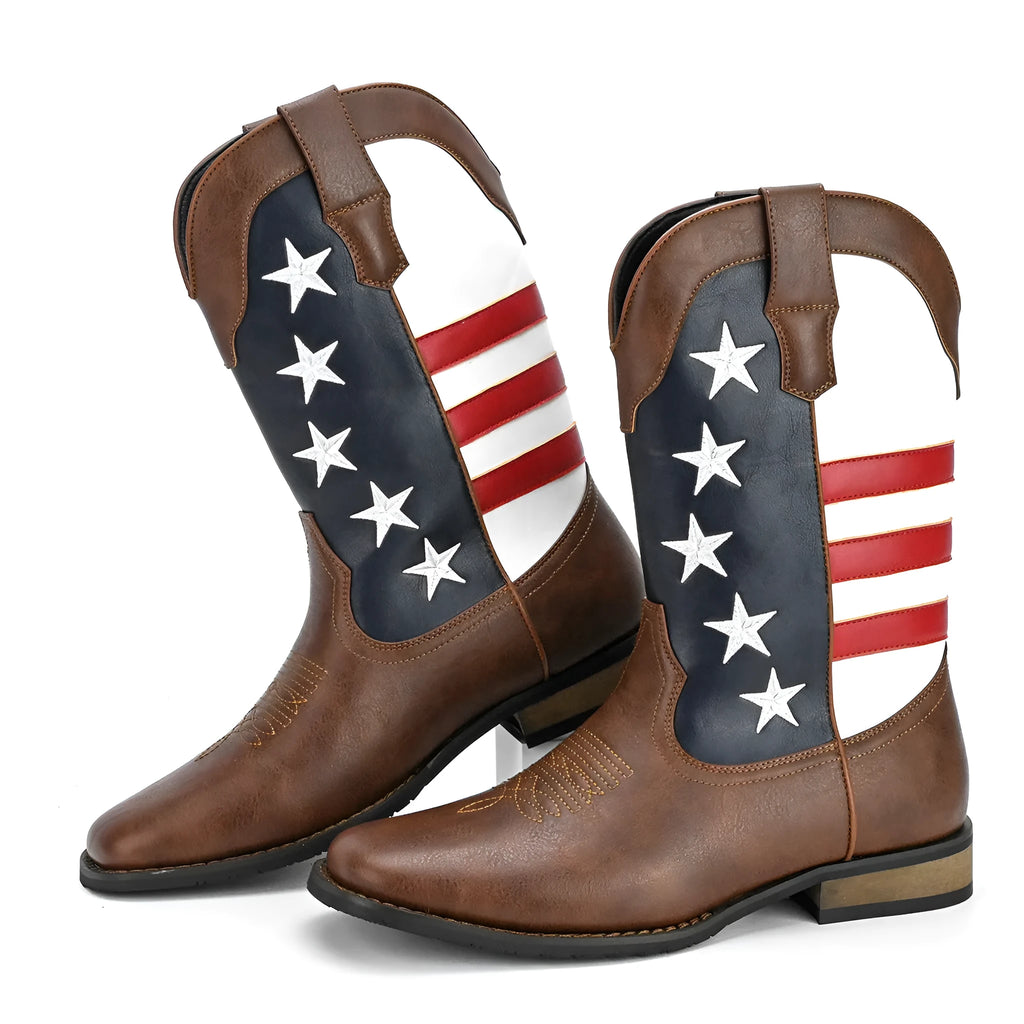 Men's western cowboy boots with five-pointed star design, square heel, round toe, artificial leather, available in sizes 7-15