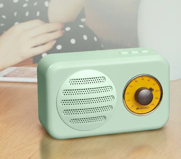 T1 portable Bluetooth speaker in wood grain pink with vintage finish, compact size, and FM radio support