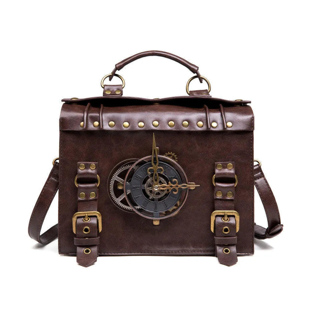 Bronze steampunk industrial retro shoulder bag with metal hardware on horizontal pillow shape