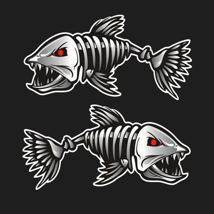 Reflective horror skeleton shark fishing expert bumper sticker pair covering scratches on a car bumper
