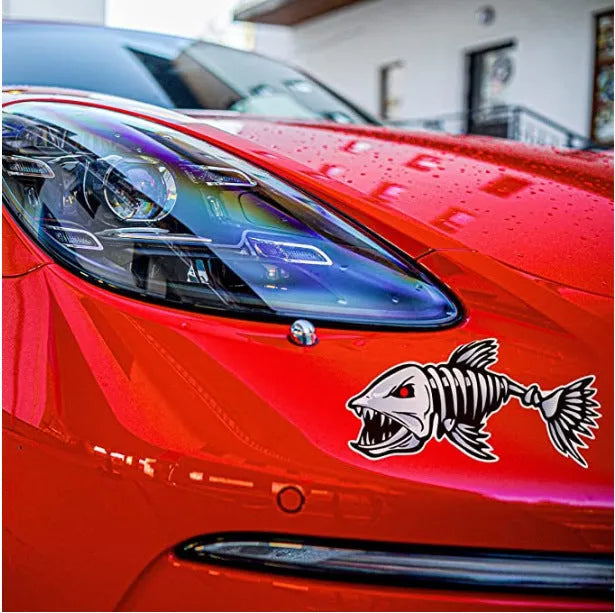Reflective horror skeleton shark fishing expert bumper sticker pair covering scratches on a car bumper