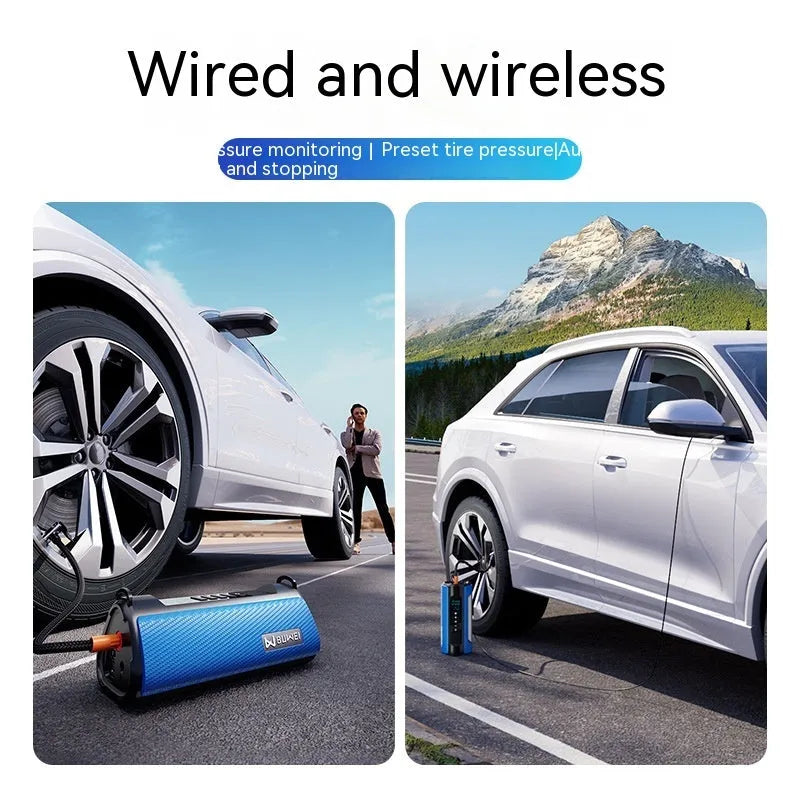 Portable car air pump with black ABS body, USB charging cable, and LED light on a dark surface
