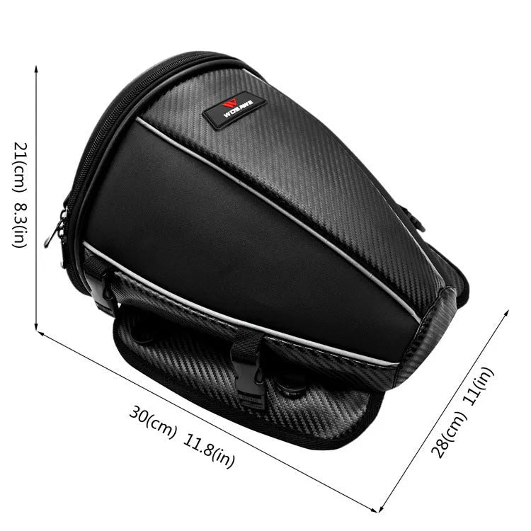 Black motorcycle fuel tank bag with reflective stripe, 15-litre capacity, mounted on a motorcycle seat
