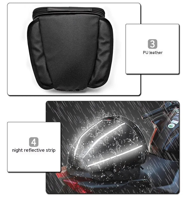 Black motorcycle fuel tank bag with reflective stripe, 15-litre capacity, mounted on a motorcycle seat