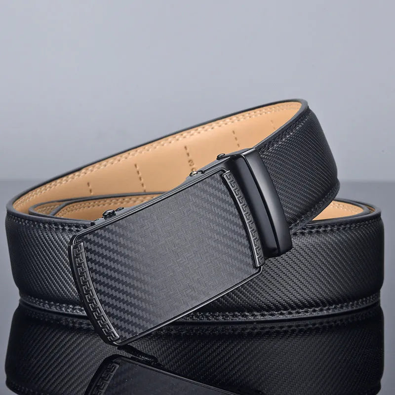Men's two-layer cowhide click belt with glossy alloy rectangle buckle, striped embossed pattern, available in black in multiple lengths.