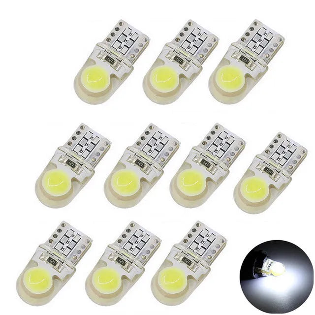 T10 COB LED bulb 21.5mm length 9.5mm diameter silicone body 12V DC automotive