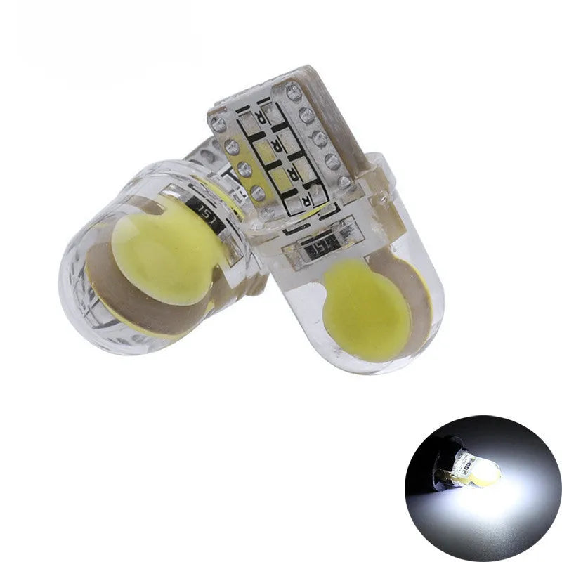 T10 COB LED bulb 21.5mm length 9.5mm diameter silicone body 12V DC automotive