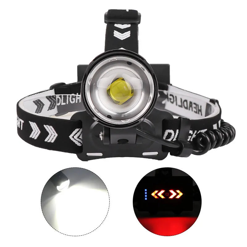 Black rechargeable headlamp with telescopic zoom, aluminium alloy and ABS build, micro USB charging port, 2000 lumens max