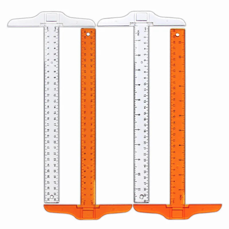 Transparent plastic T-shaped technical drawing ruler showing British centimetre graduations