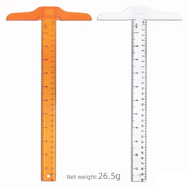 Transparent plastic T-shaped technical drawing ruler showing British centimetre graduations