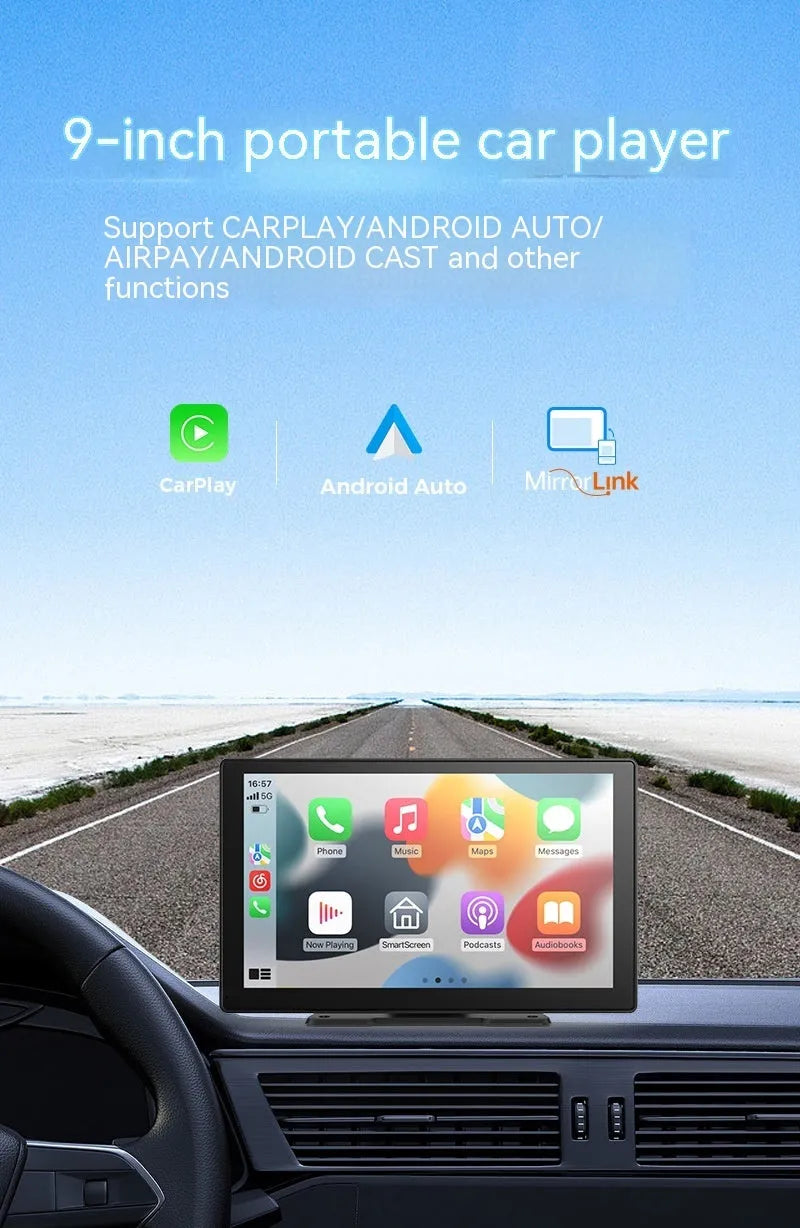 9-inch Carplay driving recorder with front and rear dual lenses mounted on centre console