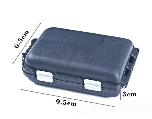 Small green plastic fishing tackle storage box with ten internal grid compartments, shown open.