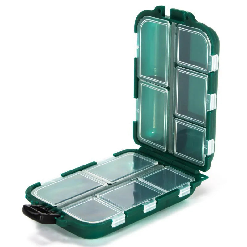Small green plastic fishing tackle storage box with ten internal grid compartments, shown open.