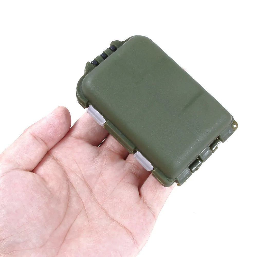 Small green plastic fishing tackle storage box with ten internal grid compartments, shown open.